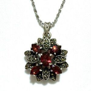 🥀Vintage Garnet Marcasite Sterling Silver Pendant on 24” 1.5mm 925 Chain